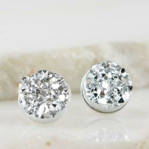 Round Silver Druzy Stud Earrings